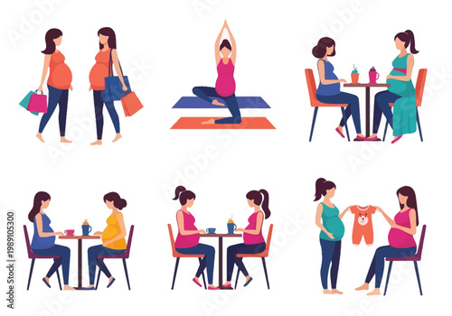 Pregnant Women Lifestyle Vector Set: Friends Shopping, Practicing Yoga, Meeting at Cafe, and Choosing Baby Clothes