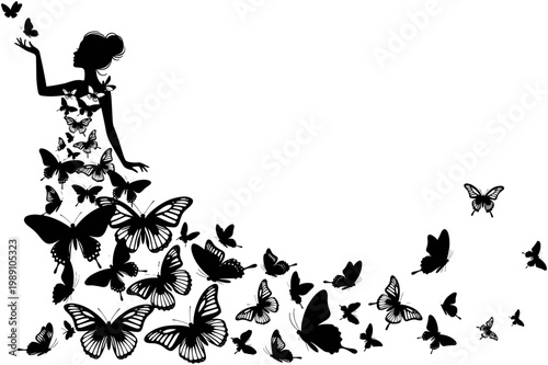 Black silhouette of woman wearing gown made of butterflies with flying insects trail isolated on white background for fashion design.