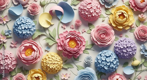 Vibrant 3D floral wallpaper with roses and hydrangeas