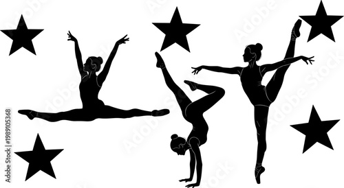 Black silhouette of gymnasts performing rhythmic gymnastics moves and acrobatics with stars set vector illustration isolated on white background.