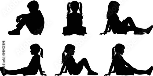 Black silhouette of group of children sitting on ground in various poses including sad boy and girls with ponytails isolated.