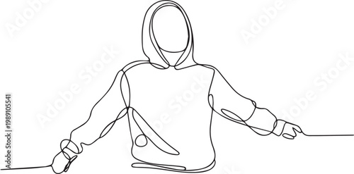 Continuous line drawing of a person wearing a hoodie sitting on the floor