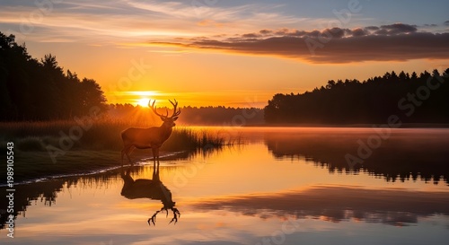 Deer beside water at sunset