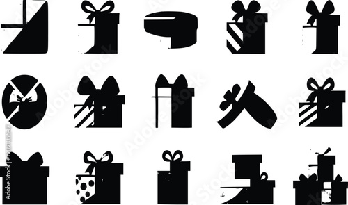 Black gift box icons collection with 15 solid silhouette designs of various wrapped presents for holidays, birthdays, and celebrations.