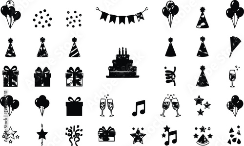 Celebration party icon set with black silhouette balloons cake gift boxes and hats isolated on white background