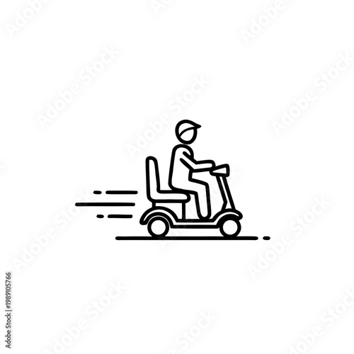 Person riding mobility scooter quickly on simple white background  