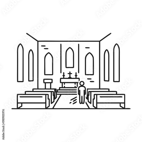 Interior of a cemetery chapel with benches and altar in outline style  