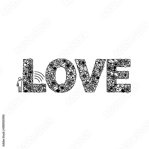 Floral letters spelling love with a figure and wireless symbol  