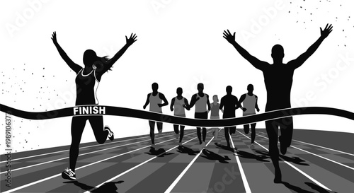 Silhouettes of a male and female runner crossing the finish line together on a stadium track. For marathon event banners, motivational sports posters, or fitness achievement blogs. Transparent SVG.