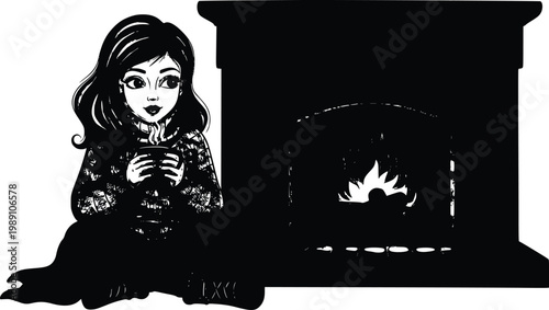 Cozy woman in sweater sitting by fireplace with hot drink hygge winter lifestyle flat vector illustration