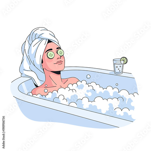 Woman Relaxing in Bathtub with Towel.