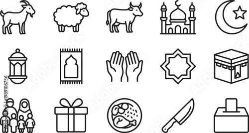 Eid al Adha and Qurbani Islamic web icons in line style. Sacrifice, mosque, prayer, family, editable stroke, outline icon collection. Vector illustration.