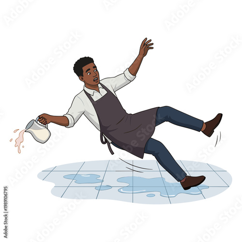 Man slips on wet floor while carrying bucket, falls and loses balance in kitchen.