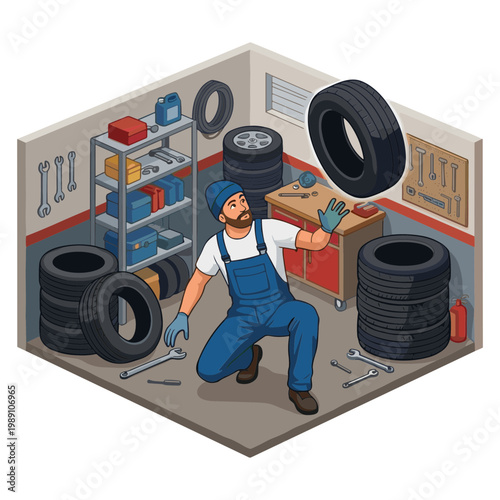 Mechanic changing a tire in an auto repair garage workshop