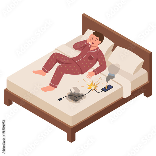 Man in pajamas lying on bed with electrical malfunction happening