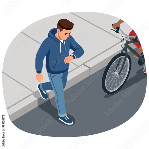 Man jogging on sidewalk next to bicycle with rider