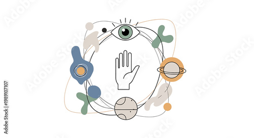Hand with eye and decorative symbols.