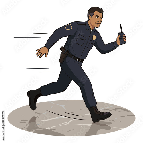 Police officer running quickly on cracked ground with radio