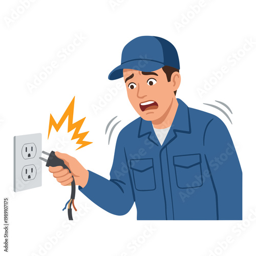 A shocked worker holds a live electrical wire near an outlet