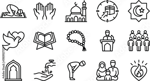 Islamic worship and community web icons in line style. Prayer, mosque, Quran, Muslim, editable stroke, outline icon collection. Vector illustration.