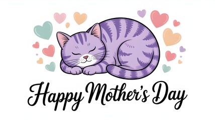 Adorable sleeping purple kitten with colorful hearts for a happy mother's day card design