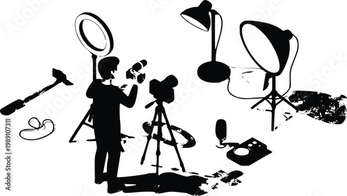 Cute cartoon vlogging studio set illustration with cheerful creator character and camera gear vector