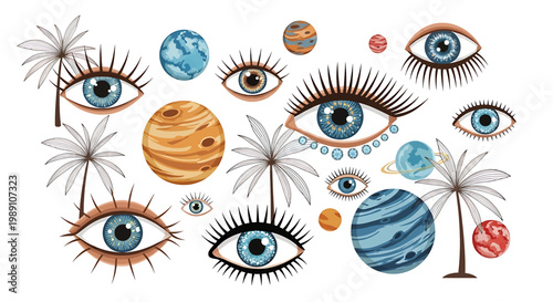 Eyes with planets and flowers around.