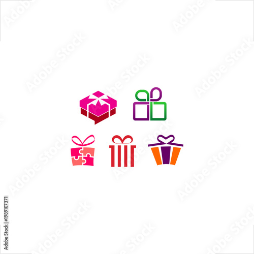 Surprise reward niche retail industry flat geometric style logo collection featuring stylized gift boxes for holiday promotions, loyalty programs, shipping packages, and festive celebration brand iden