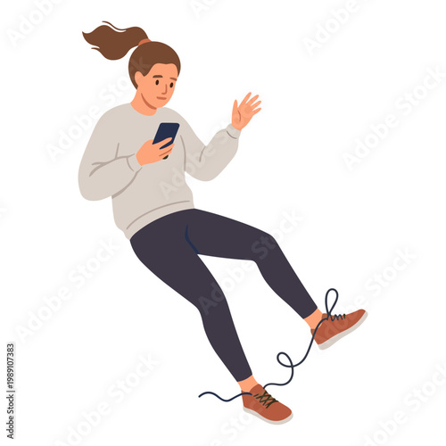 Woman gets tangled in earbuds while using her phone and falling