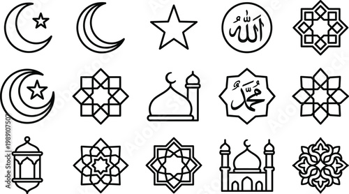 Islamic symbols and geometric web icons in line style. Crescent, star, mosque, Allah calligraphy, editable stroke, outline icon collection. Vector illustration.