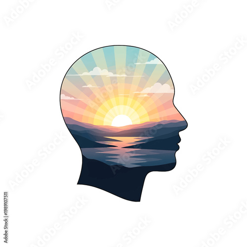Human Head Silhouette with Sunset Inside.