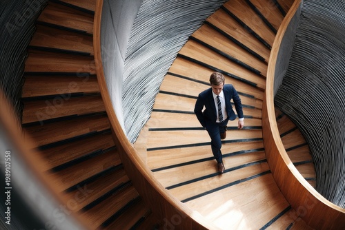 Man in Suit Ascending Modern Spiral Staircase.