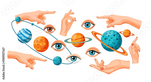 Hands Pointing to Planet Eyes.