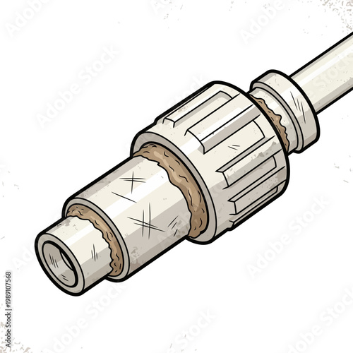 Close-up of a white plastic pipe fitting with rough texture and sealant