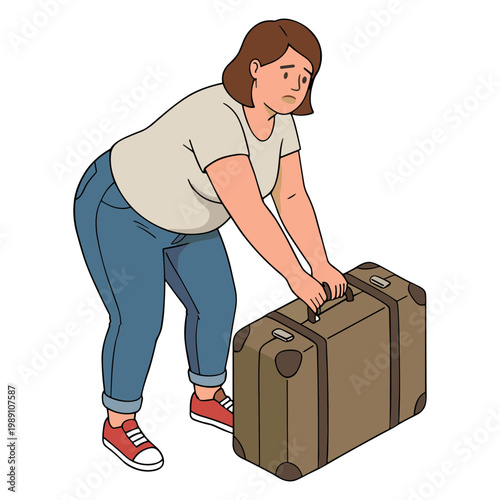 Woman struggles to lift a heavy brown suitcase on the floor indoors.