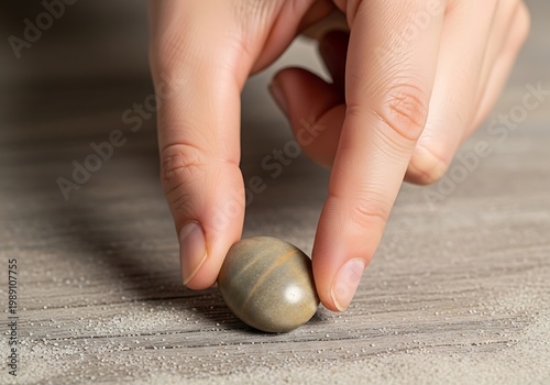 Person's Hand Holding a Smooth Polished Stone on a Wooden Surface