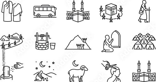 Hajj pilgrimage and Islamic rituals web icons in line style. Kaaba, Ihram, Tawaf, Sa’i, sacrifice, editable stroke, outline icon collection. Vector illustration.