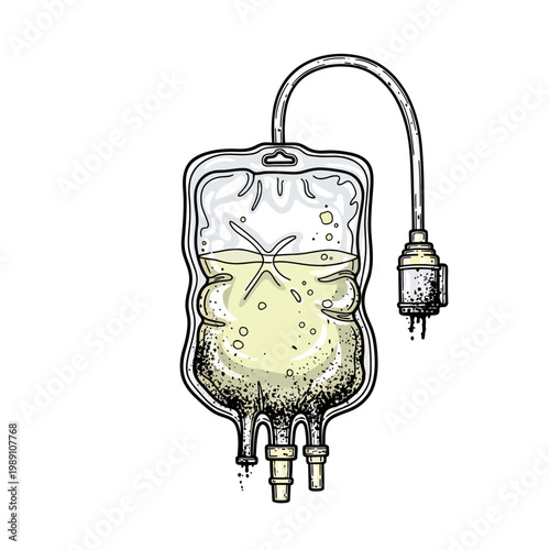 Medical IV Bag with Yellow Liquid and Bubbles