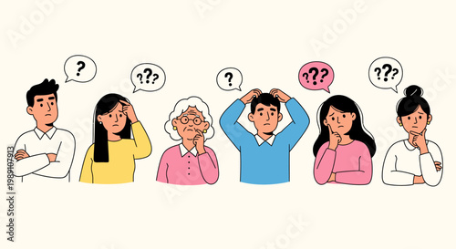 People with question marks thinking confused expressions