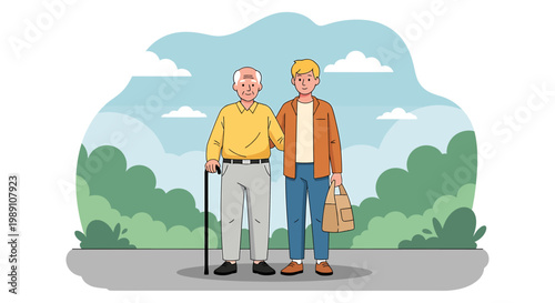 Elderly man walks with support while companion holds bag outdoors