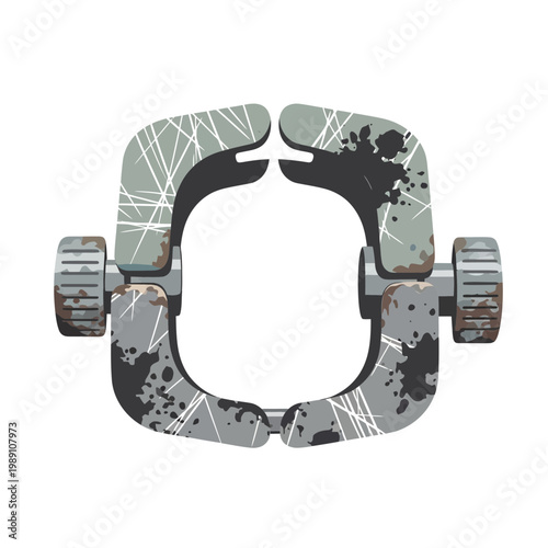 Rusty metal clamp, vintage industrial tool, isolated on white background