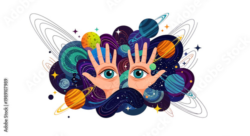 Hands with eyes and planets around.