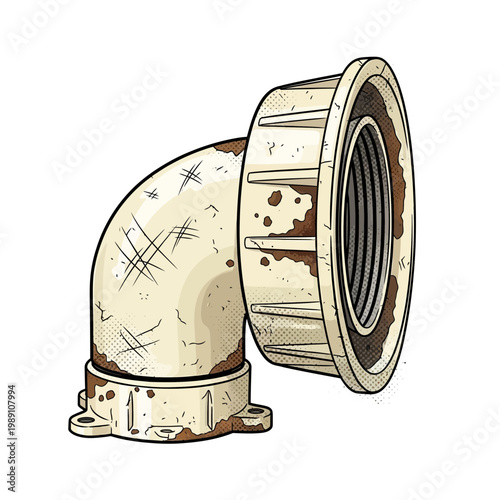 Rusty plumbing pipe elbow fitting, weathered industrial detail