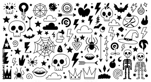 Halloween decorations and symbols are scattered across a spooky background with skulls and ghosts floating.