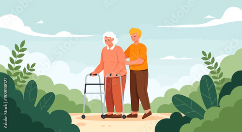 Two people, an elderly man with a walker and a younger man, stand together in a scenic outdoor park landscape.