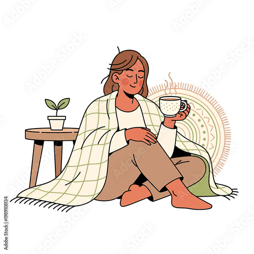 Woman holding a cup of coffee.