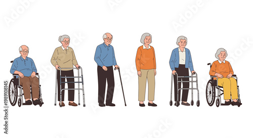 Elderly people with disabilities using mobility aids standing indoors