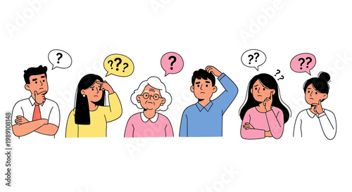 People with confused expressions and question marks floating above their heads