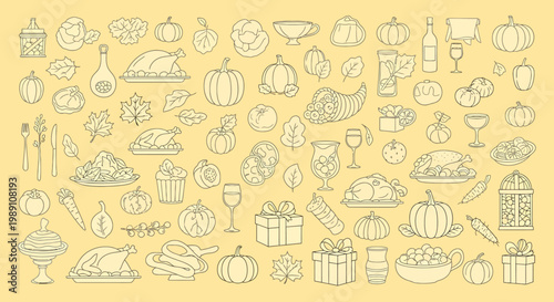 A festive Thanksgiving dinner table setting with various foods and decorations.