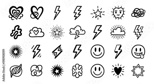 Weather icons display various symbols including lightning, sun, cloud, and smiley faces on a white background